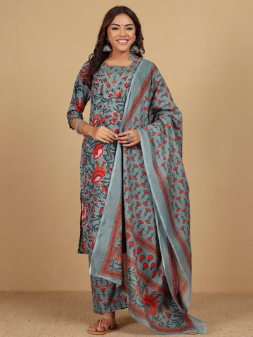 Varanga Women Ethnic Floral Printed V Neck Kurta withTrouser & Dupatta